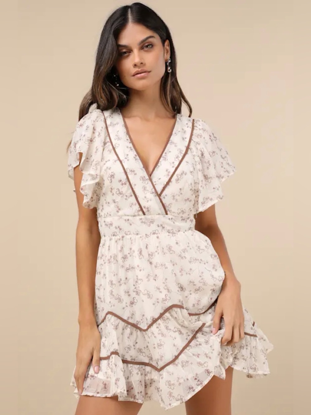 Lulus Adored Outing ivory floral flutter sleeve mini dress - Cream